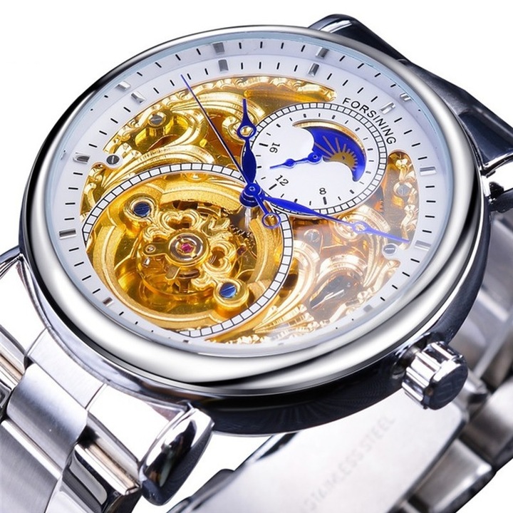 Луксозен ръчен часовник FORSINING - сребрист/бял KP14506, автоматичен, неръждаема стомана, неръждаема стомана