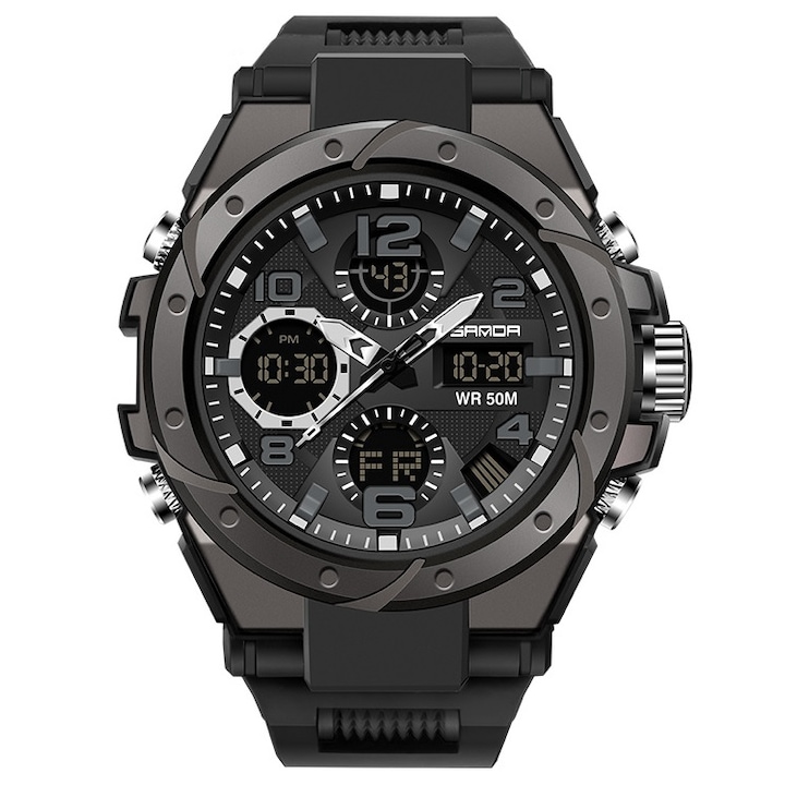 Мъжки часовник SANDA, Кварц, Неръждаема стомана/Силикон, 24 см, Черен