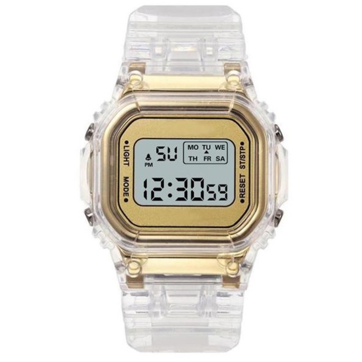 Цифров часовник, унисекс, пластмаса/силиций, кварт, 24 см, прозрачен/злато