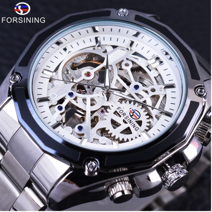 Ръчен часовник FORSINING - сребрист/бял KP14500, автоматичен, неръждаема стомана, неръждаема стомана