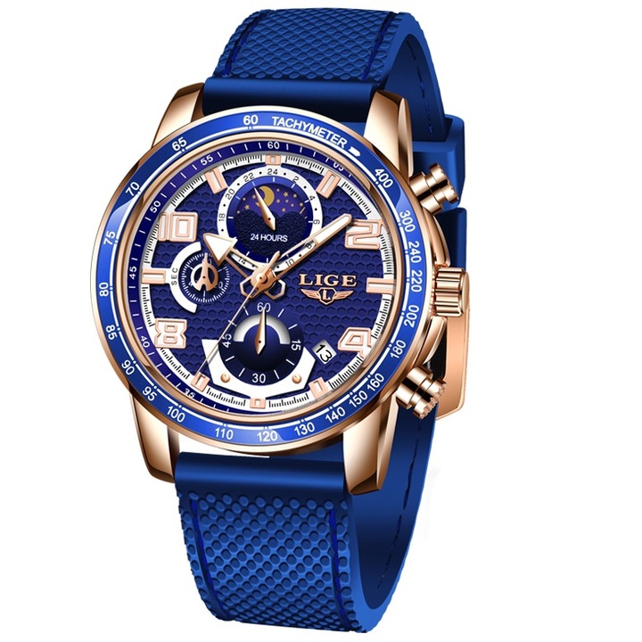 Férfi karóra, Lige, Rozsdamentes acél/Szilikon, Kék/Arany