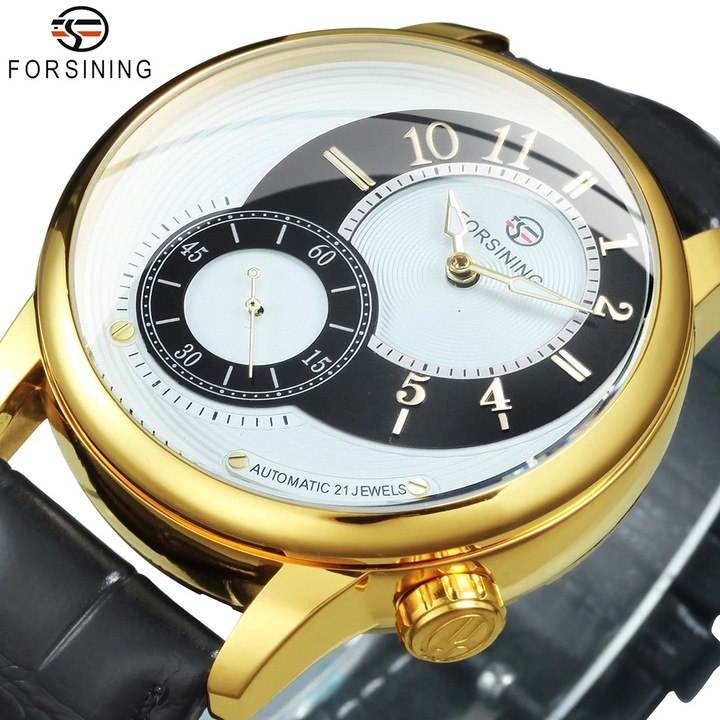FORSINING Елегантен ръчен часовник-черен/златен KP21621, автоматик, неръждаема стомана, естествена кожа