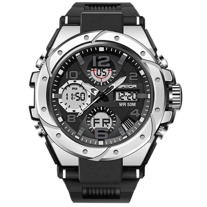 Férfi karóra, SANDA, Kvarc, Rozsdamentes acél/Szilícium, 24 cm, Fekete/ezüst