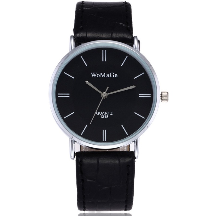 Férfi karóra, WoMaGe, Rozsdamentes acél/szintetikus bőr, ezüst/fekete