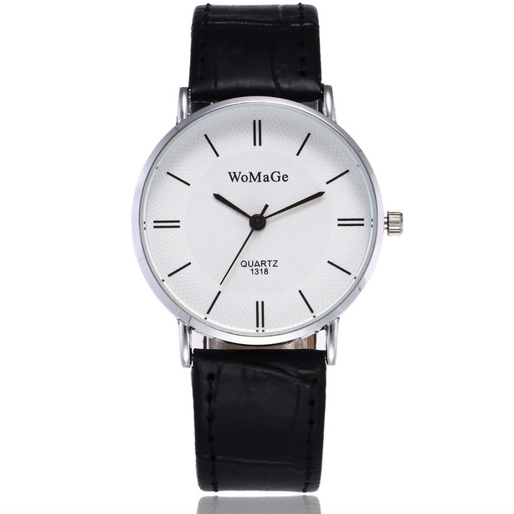 Férfi karóra, WoMaGe, Rozsdamentes acél/szintetikus bőr, Fekete