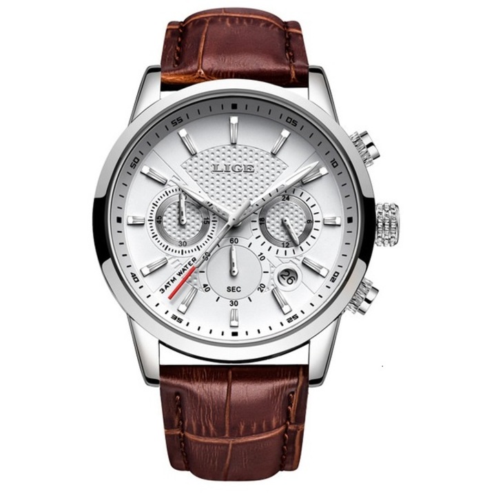 Férfi karóra, lige, rozsdamentes acél/bőr, ezüst/barna