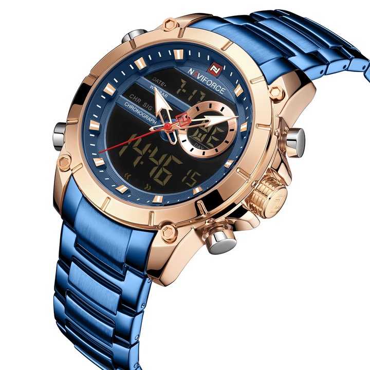 Мъжки часовник Naviforce, Неръждаема стомана, Синьо/Розово златист