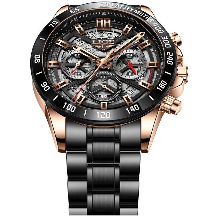 Мъжки часовник, Lige, Неръждаема стомана, Черно/Златист