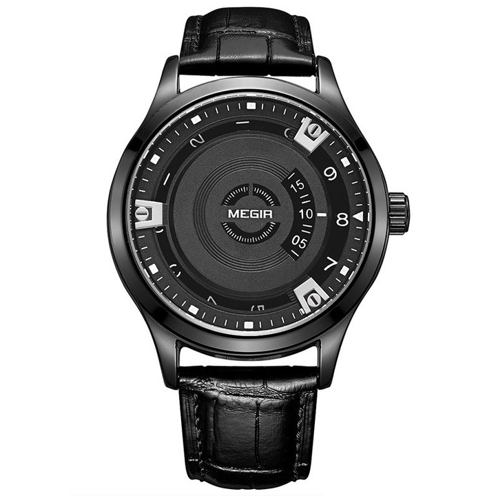 Мъжки часовник, Megir, Неръждаема стомана/Кожа, Черен