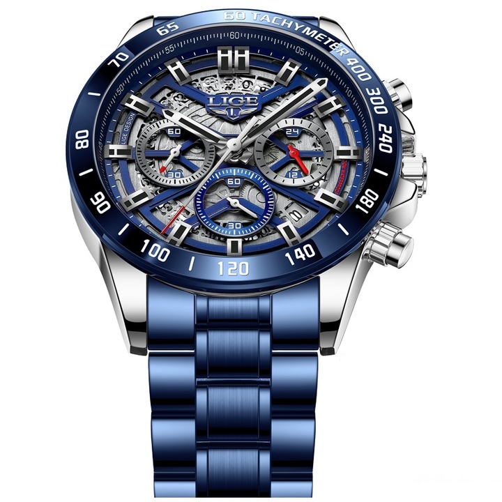 Férfi karóra, Lige, Rozsdamentes acél, Ezüst/Kék