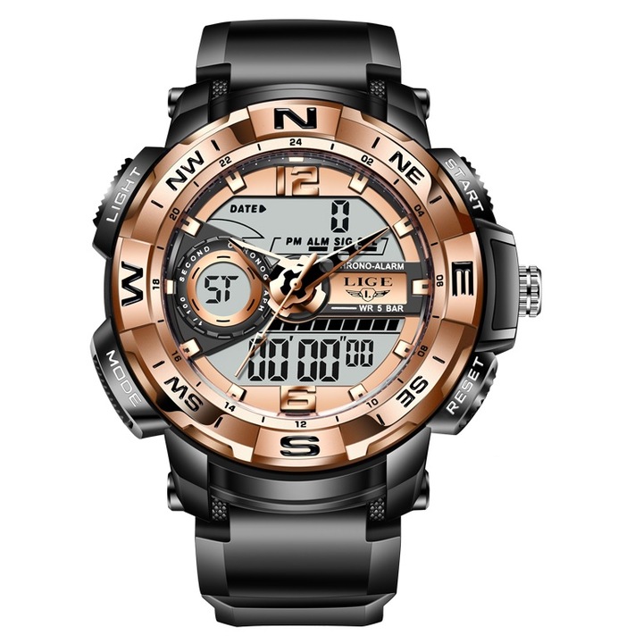 Férfi karóra, Lige, Rozsdamentes acél, Kvarc, Fekete/Arany