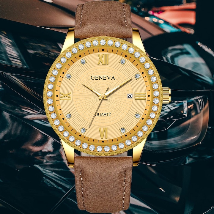 Часовник, кварц, неръждаема стомана, синтетика, кафяв/златист KP11646