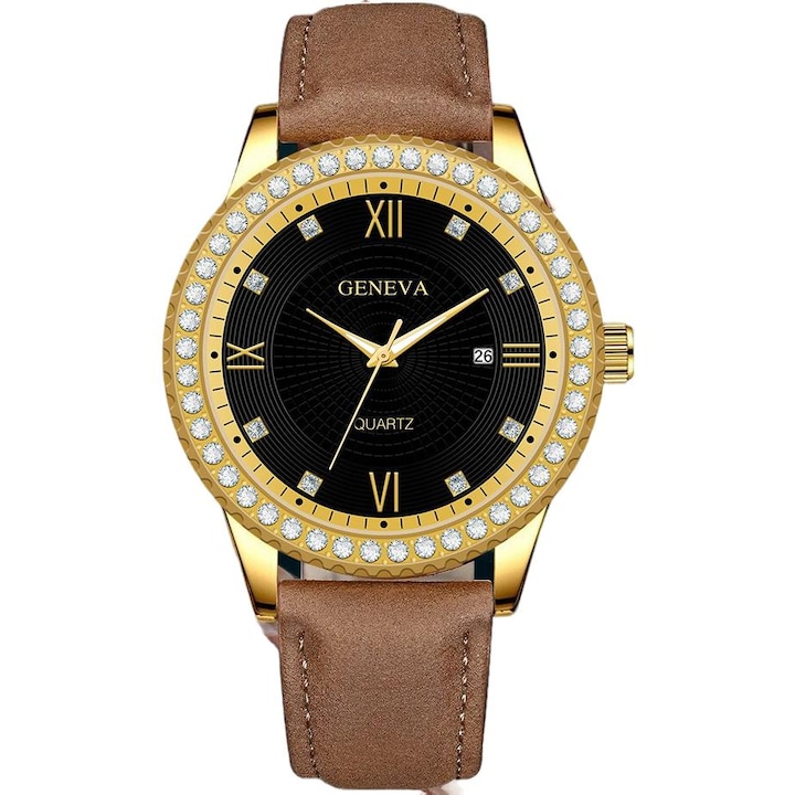 Ceas dama, Geneva, Inox/Piele ecologica, Cuart, Maro/Negru
