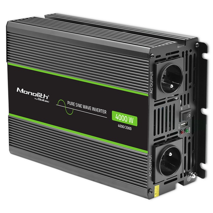 Monolith feszültségátalakító, Qoltec, 1000W, 2000W, 24V - 230V, Pure Sine