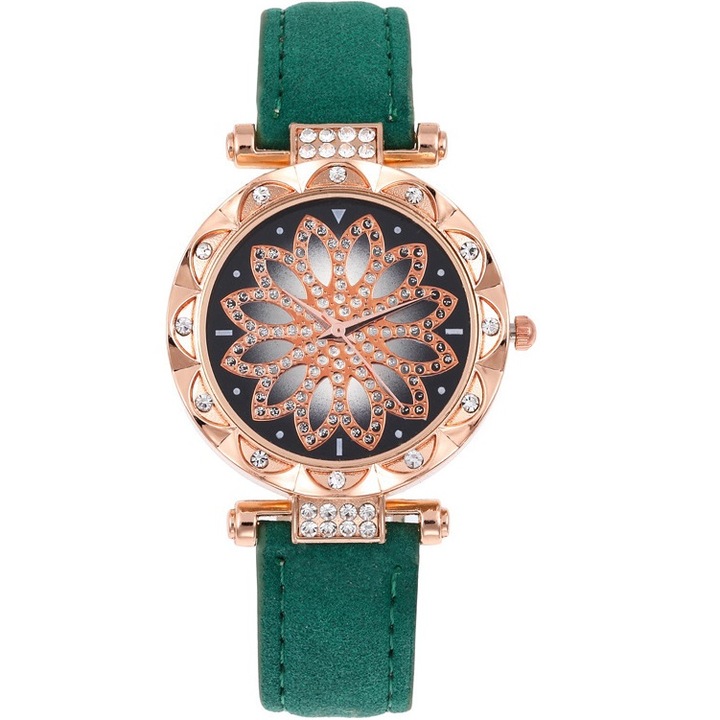 Női karóra, kerek, kvarc, acél/szintetikus, 23,5 x 3,4 cm, zöld/arany