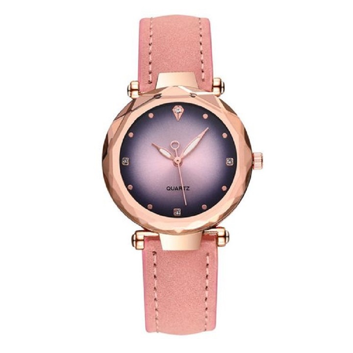 Ceas dama, Quart, Otel inoxidabil/Sintetic, Rotund, Roz