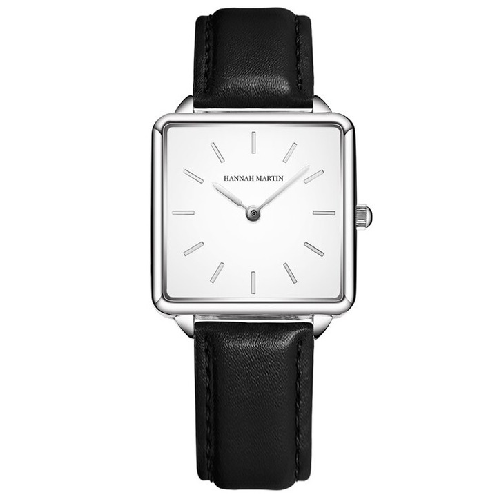 Női karóra, Sanda, Kvarc, Rozsdamentes acél/Bőr, 21,5 cm, Fekete/Fehér