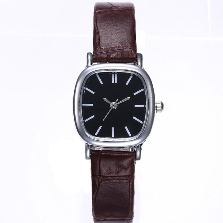 Női karóra, Rozsdamentes acél/bőr, Kvarc mechanizmus, 20,5 cm, Sötétbarna/fekete