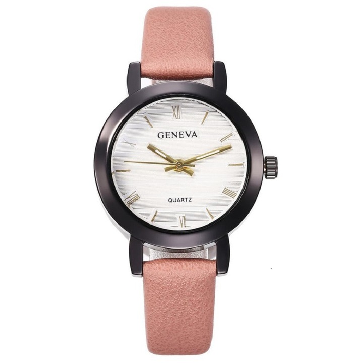 Ceas dama, Geneva, Inox/Piele, Mecanism Quartz, 21 cm, Roz/Negru