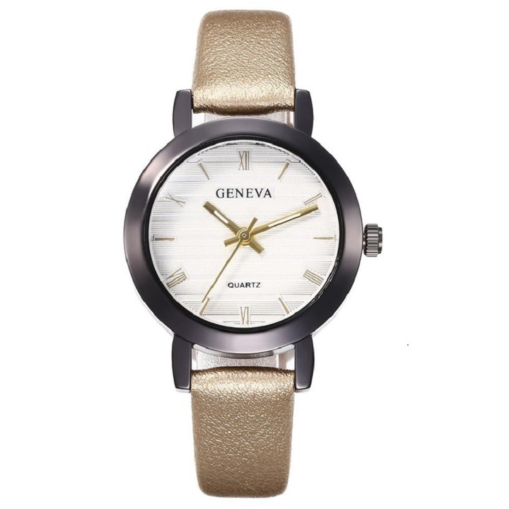 Női karóra, Genf, Rozsdamentes acél/bőr, Kvarc mechanizmus, 21 cm, Szürke/Arany
