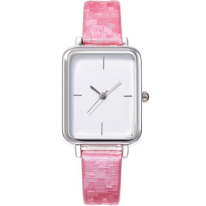 Ceas dama, Inox/Piele, Mecanism Quartz, 21.5 cm, Roz/Argintiu