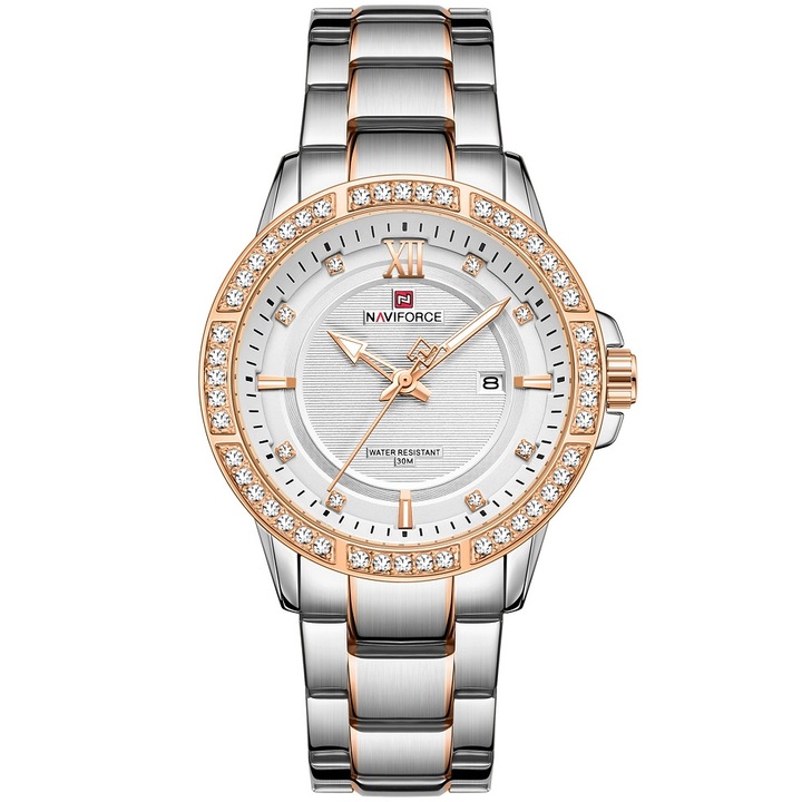 Női karóra, Naviforce, Rozsdamentes acél, Kvarc mechanizmus, 24 cm, Ezüst/Rózsaszín