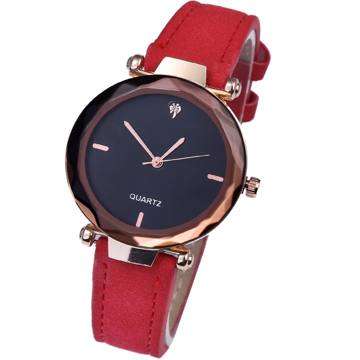 Női karóra, rozsdamentes acél/bőr, kvarc mechanika, 22,5 cm, piros/arany