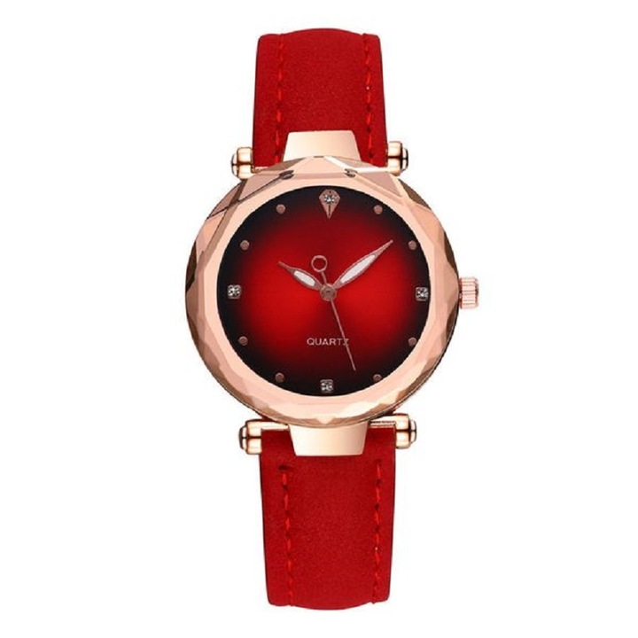 Ceas dama, Inox/Piele, Mecanism Quartz, 23.5 cm, Rosu/Auriu
