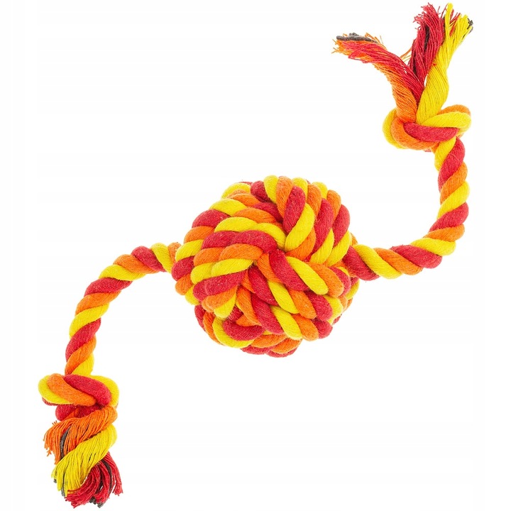 Jucarie pentru caini, franghie impletita cu bila pentru 2 toroane, portocaliu/rosu/galben