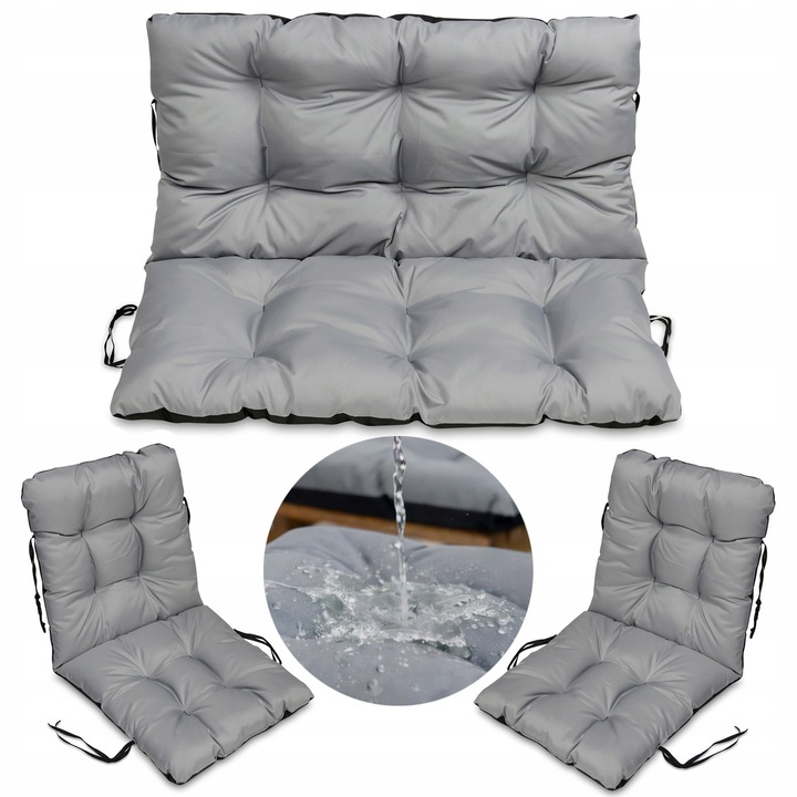 Set Perne banca gradina, terasa, mobilier, Gri, 120x60x50 + 2x 48x48x48 cm, exterior, impermeabila, pentru balansoar, paleti, banca, Superkissen24