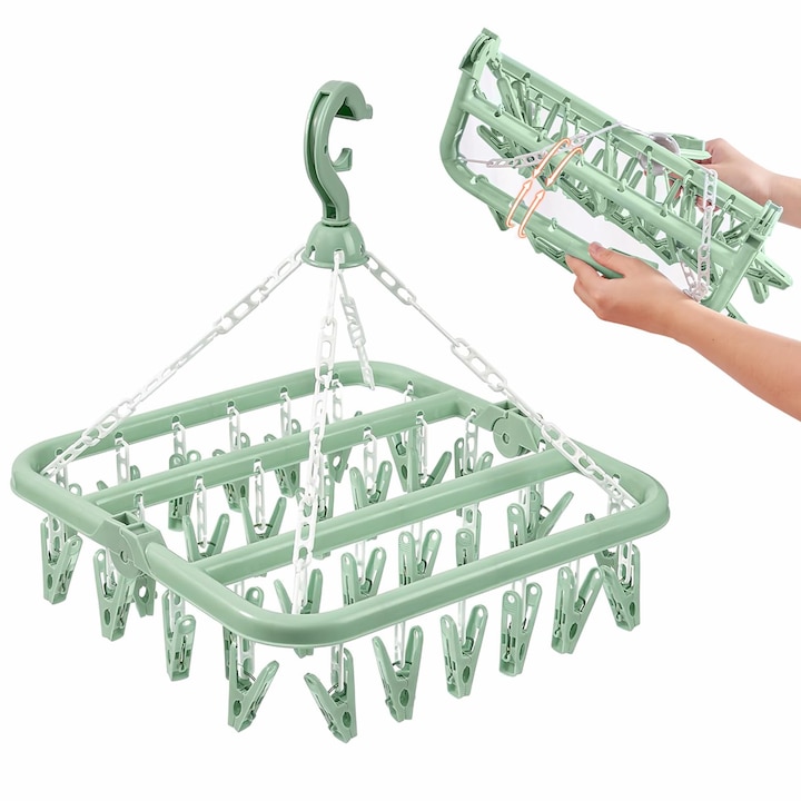 Uscator pentru lenjerie si sosete, Zola®, cu 32 clesti, plastic, 32.5x32.5 cm, verde