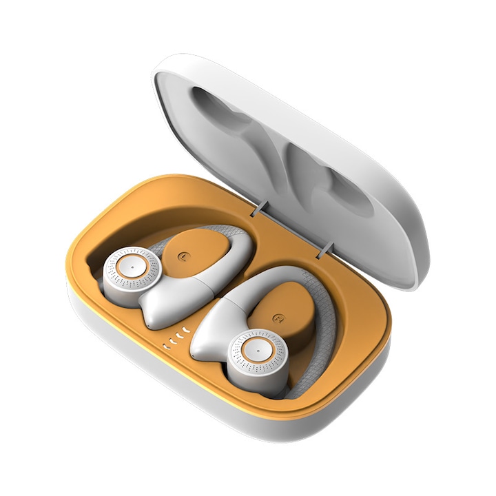 Vezeték nélküli fülhallgató, USSPY T10, Sport, Bluetooth v5.0, mikrofon, érintésvezérlés, LED kijelző, zajcsökkentés, vízálló, univerzális, fehér narancs