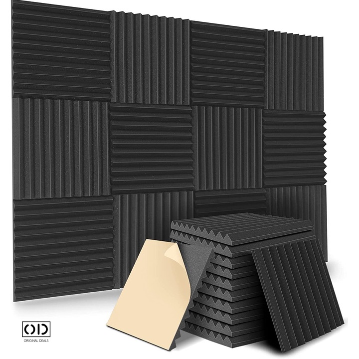 Panou Fonoabsorbant pentru Izolare Fonica si Acustica din Burete Poliuretanic cu Autoadeziv Inclus, pentru Studiouri si Locuinte, Premium, Set 12 Bucati, 30 x 30 x 2.5 cm, Negru, ORIGINAL DEALS