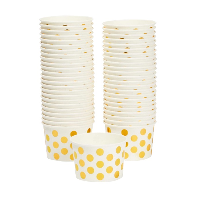 Set de 50 cupe pentru inghetata Blue Panda, hartie, alb/auriu, 8,9 x 5,6 cm, 237 ml