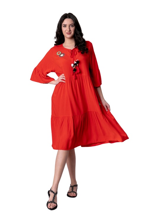 Rochie rosie boho chic cu volane si maneci largi, Rosu, One Size