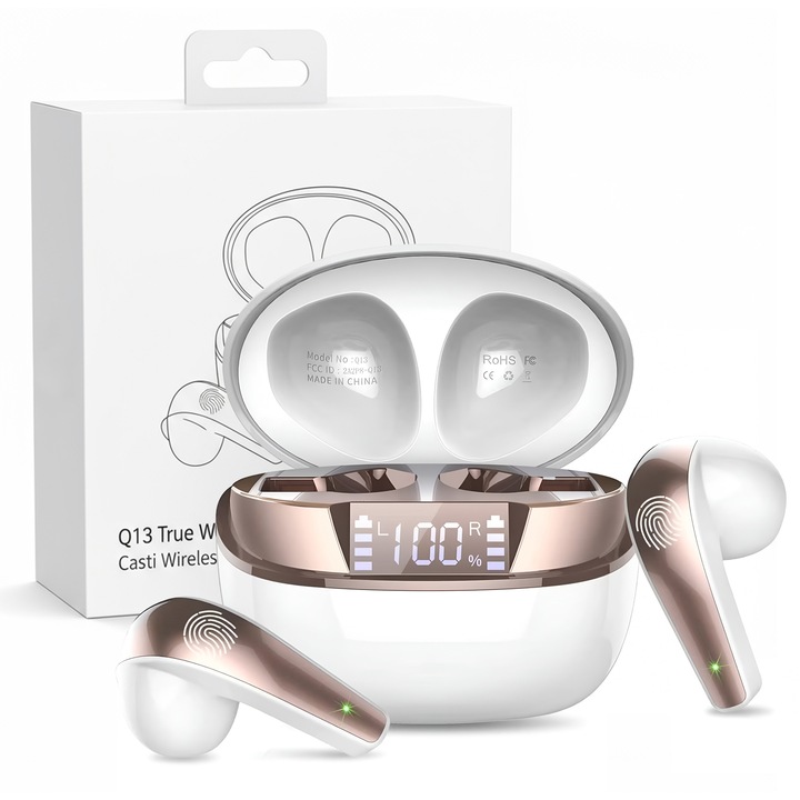 Casti Wireless Bluetooth 5.3, Control prin Atingere, Fara Fir, Carcasa Magnetica, Afisare LED, Eliminare Zgomot, Microfon HD, Rezistente la Apa IPX7, Asistent Vocal, Mono-Stereo-Share Mode, USB-C, 115dB, Autonomie 35h, Alb