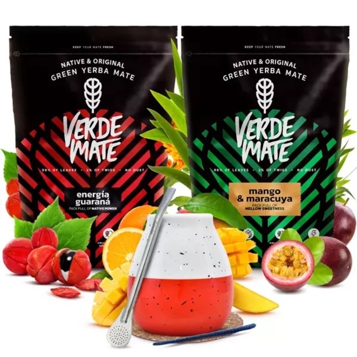 Сервиз за чай с червена кана и бомбила, Yerba Mate, 2 x Green Mate, плодове, гуарана, маракуха, 1 кг