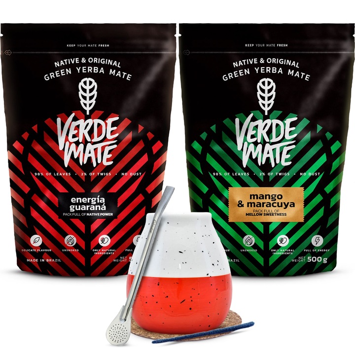 Сервиз за чай с червена кана и бомбила, Yerba Mate, 2 x Green Mate, плодове, гуарана, маракуха, 1 кг
