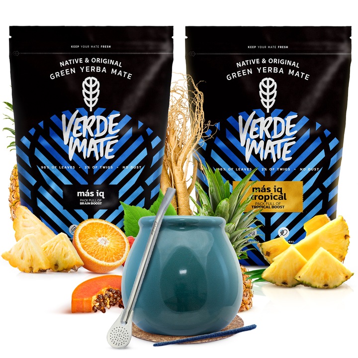 Yerba Mate Set de Ceai, Cu Albastru Cana Si Bombilla, 2 x Verde Mate, Fructe, Ananas, Portocala 1 Kg