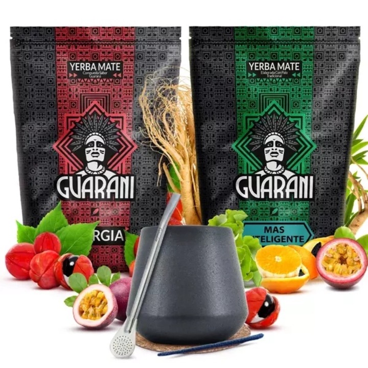 Ceai Yerba Mate Set, Cu Negru Cana Si Bombilla, 2 x Guarani, Fructe, Guarana, Maracuja, 1 Kg