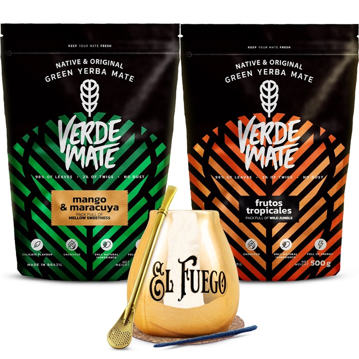 Ceai Set, Yerba Mate, Verde Mate Mango Fructe tropicale, Calabash El Fuego Gold 350ml, Bombilla