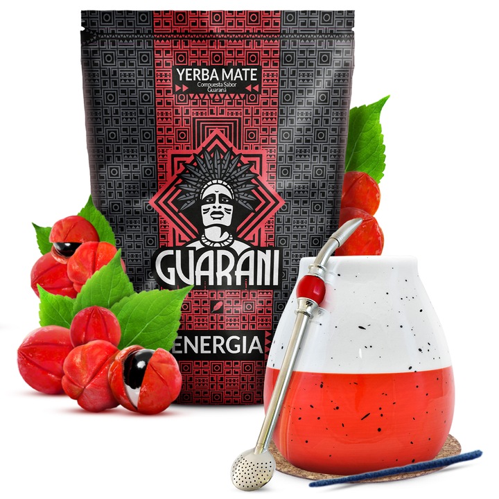 Yerba Mate Tea, Készlet, Guarani, Energy Guarana, Bögre Fehér Piros, 350 ml, Bombilla hűtőkővel