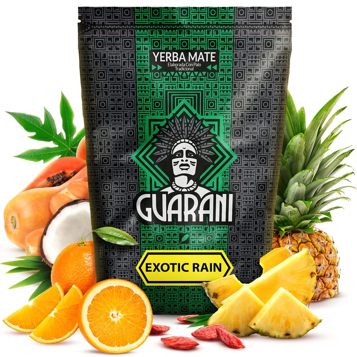 Yerba Mate Tea, Guarani Exotic Rain, Paraguayi Füstölt, Energizáló Tartalmaz port és ágacskákat, Tökéletes Melegen és Hidegen Fogyasztva, 500g