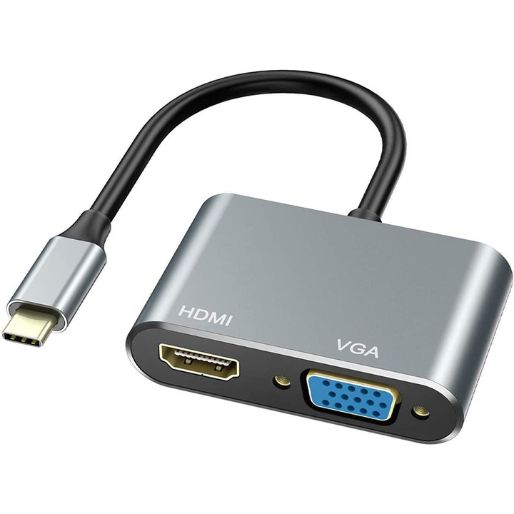 Хъб USB Type-C към USB 3.0 HUB, HDMI 4K 30 Hz, VGA, USB-C, Power Delivery 87 W, За MacBook, Chromebook, Лаптоп с Type-C зареждане, Сив