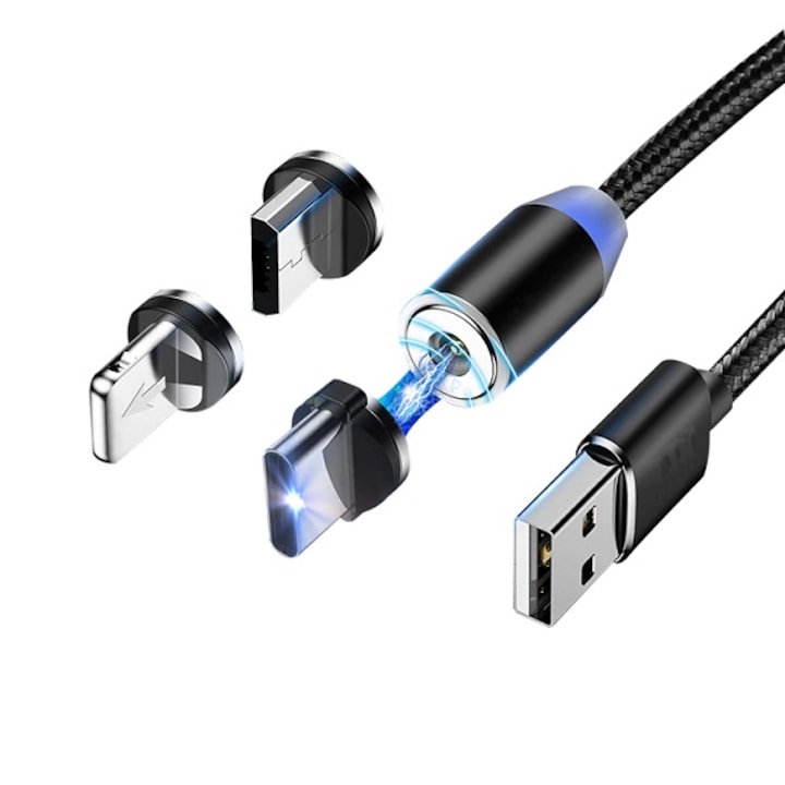 DAO Mágneses töltőkábel 3 az 1-ben , kompatibilis USB-C, Micro-USB, Lightning, fekete 1M