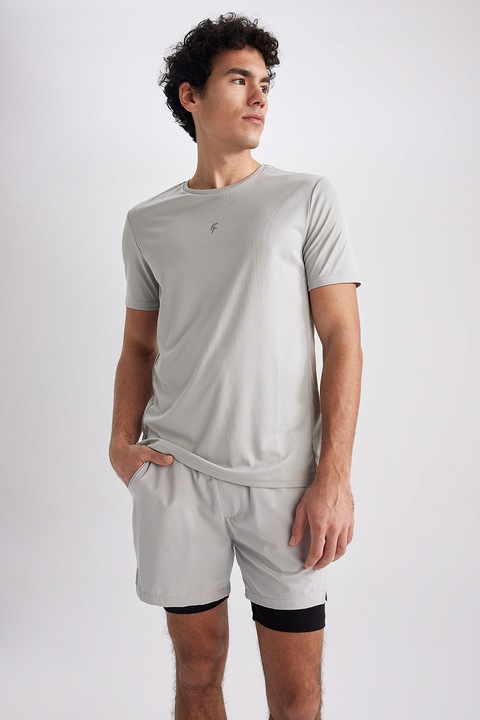 DeFacto, Tricou cu decolteu la baza gatului si imprimeu discret, Gri deschis, 2XL