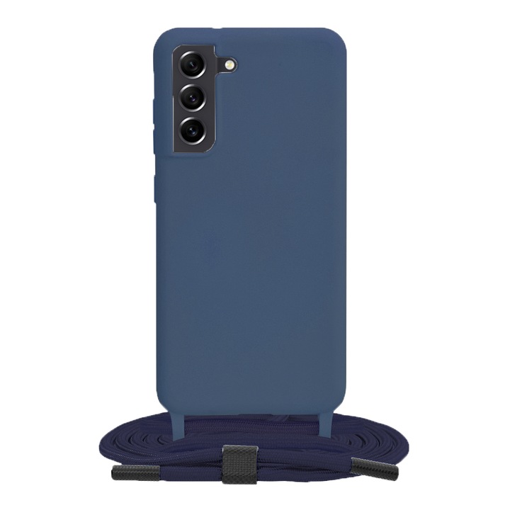 Husa protectie cu snur integrat, compatibila cu Samsung Galaxy S21 FE, FONIX ShieldBand, silicon mat, interior microfibra, lant 170 cm, Albastru