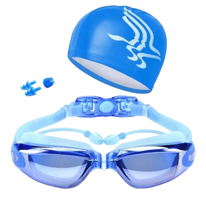 Set ochelari anti-aburire si protectie UV, casca, dopuri urechi, cleste nas, Albastru