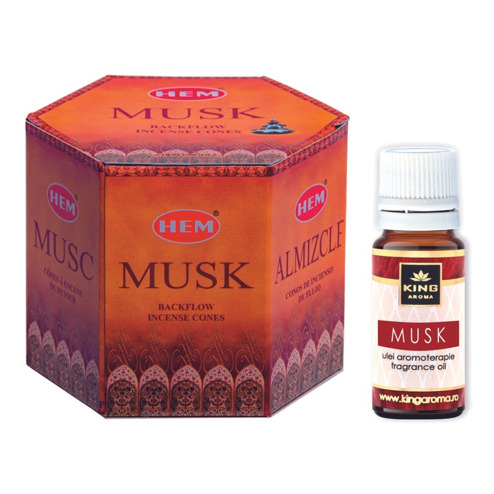 Pachet 40 Conuri parfumate Backflow HEM Musk si Ulei aromaterapie Musk Kingaroma, 10 ml