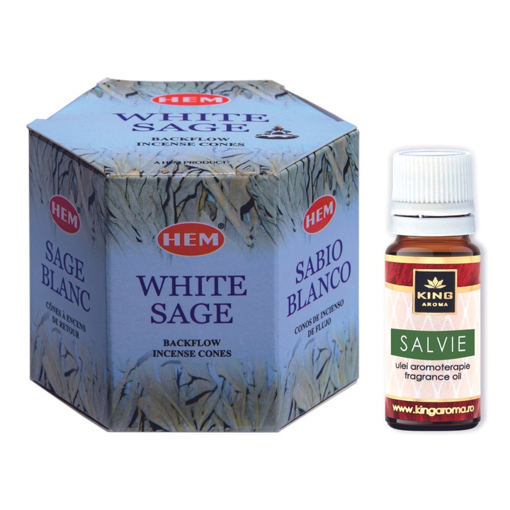 Pachet 40 Conuri parfumate Backflow HEM White Sage si Ulei aromaterapie Salvie Kingaroma, 10 ml